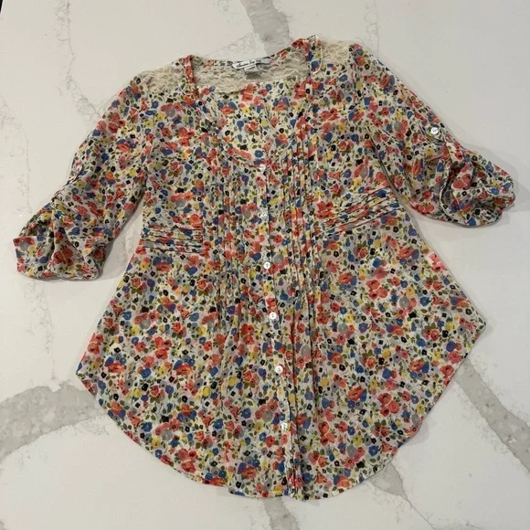 American Rag Cie Cottagecore Floral Tie Back Sheer Peasant Top Womens Small Lace - Picture 1 of 7